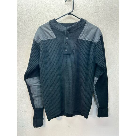 L.L. Bean Commando Sweater Henley 100% Wool Men's Military Black Ribbed Jumper L - Picture 1 of 4